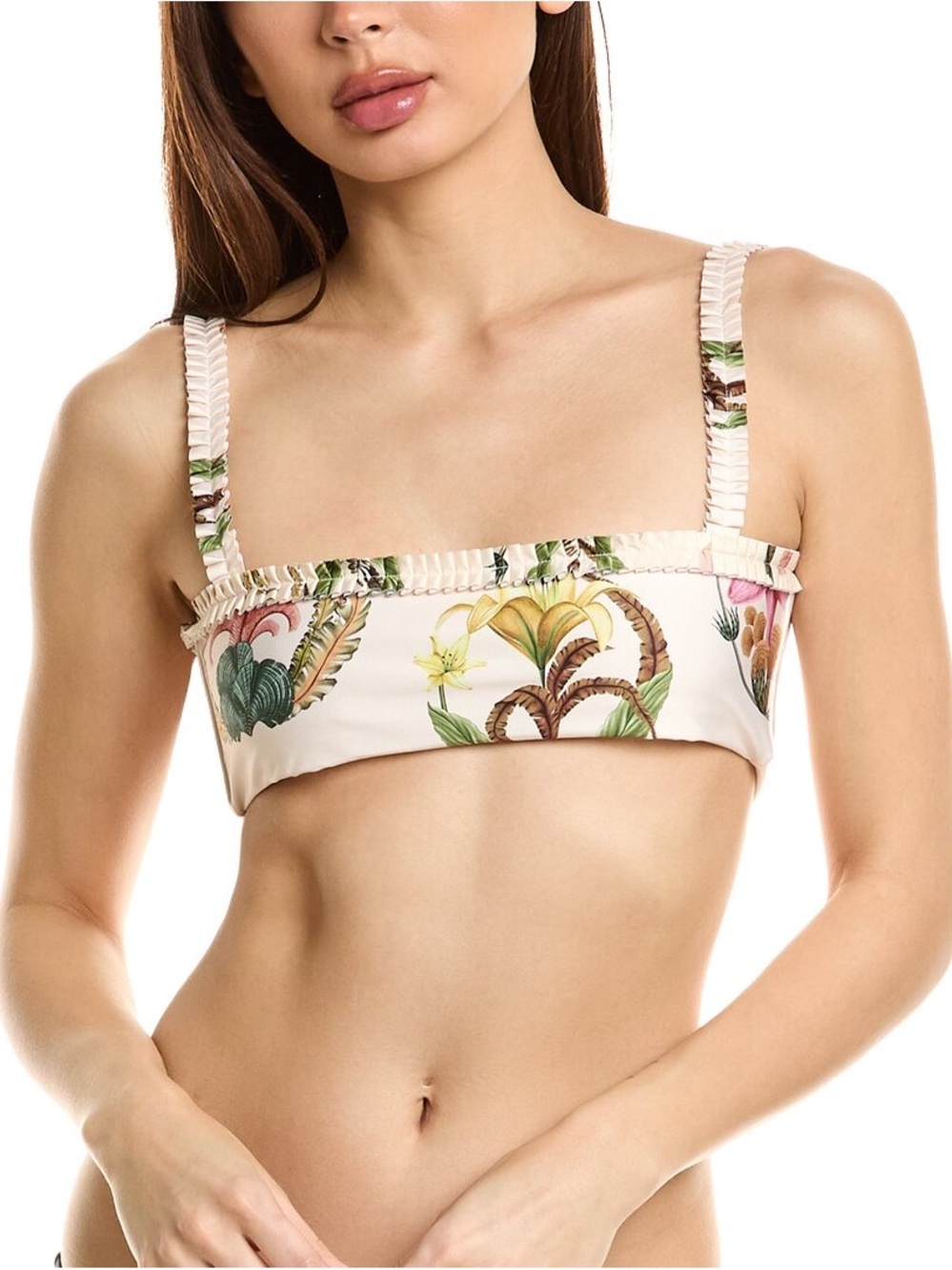 Agua Bendita Cream Floral Ruffle-Trim Bikini Top